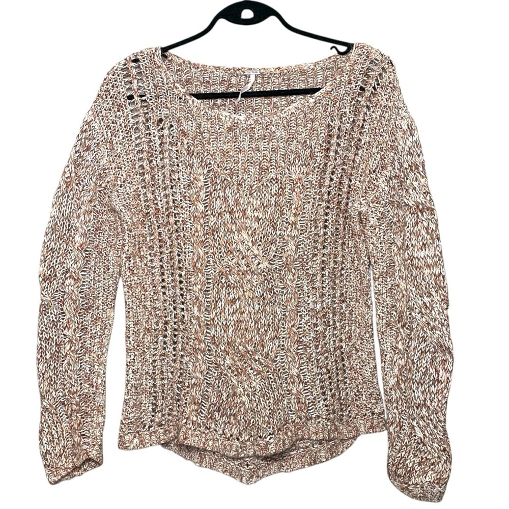 Free People Cable Knit Sweater Brown earth Tones Cotton Linen Casual Pullover XS - Picture 2 of 14